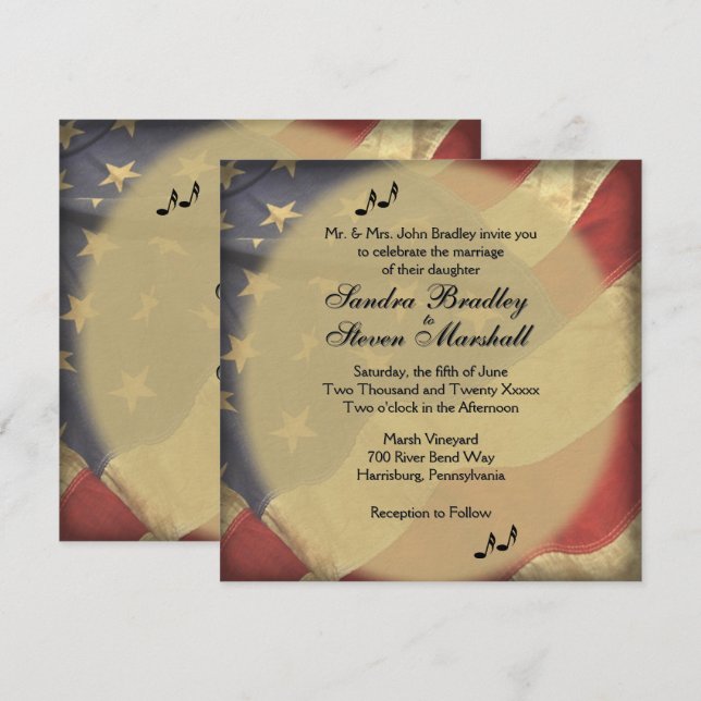 Music on Distressed American Flag Theme Wedding   Invitation (Front/Back)