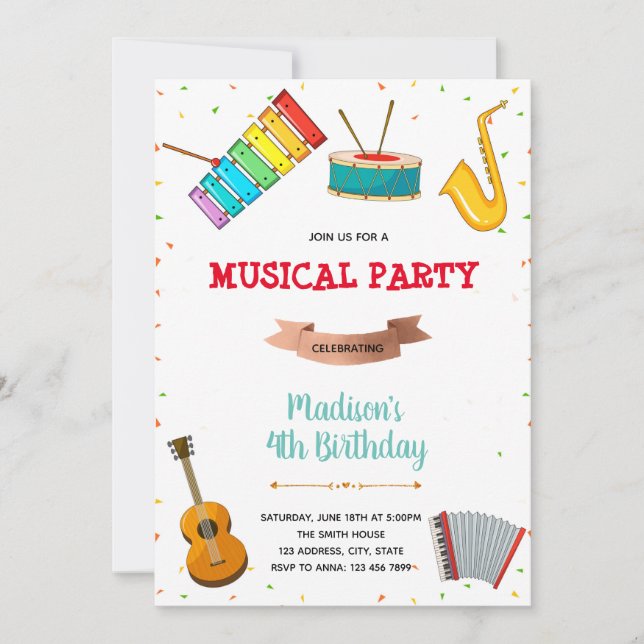 Music party birthday invitation (Front)