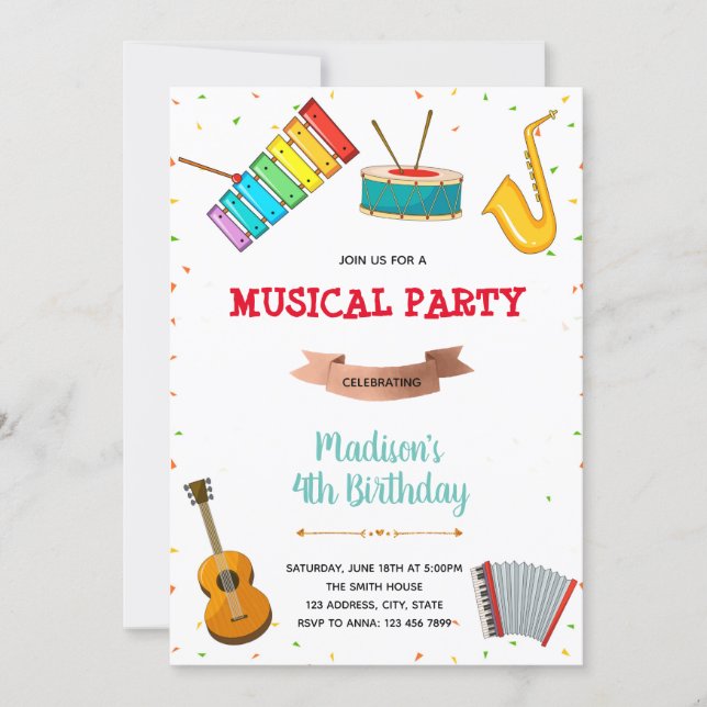 Music party birthday invitation (Front)