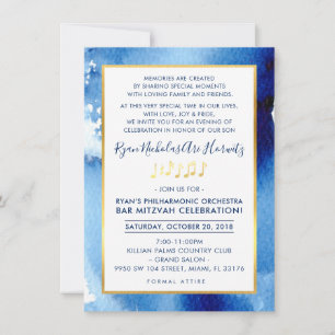 MUSIC PARTY CELEBRATION gold smart blue watercolor Invitation
