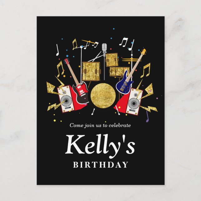 music party guitar drum set musical invitation postcard (Front)