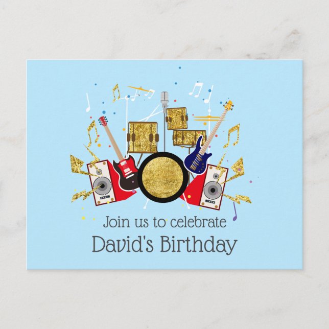 music party, guitar drum set musical invitation postcard (Front)
