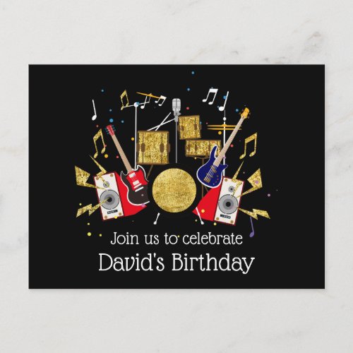 music party guitar drum set musical invitation postcard