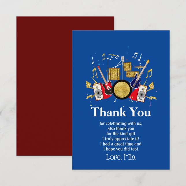 music party guitar drum set musical thank you card (Front/Back)