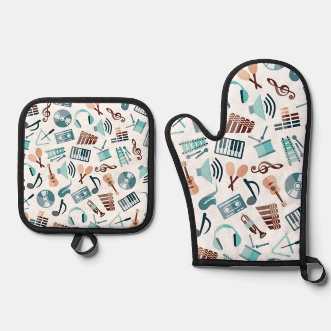 Music pattern oven mitt & pot holder set (Front)