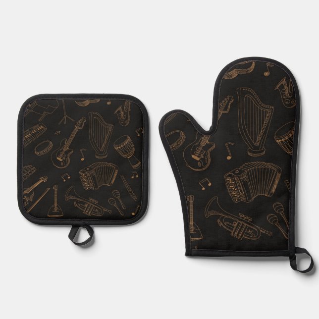 Music pattern oven mitt & pot holder set (Front)