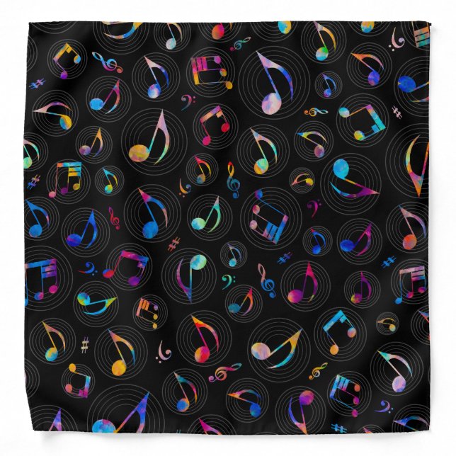 Music Pattern - Painted Color on Black Bandana (Front)