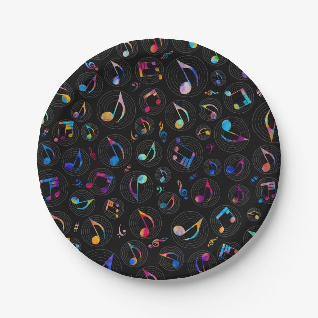 Music Pattern - Painted Color on Black Paper Plates (Front)