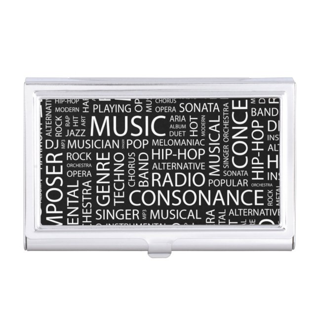 MUSIC pattern word cloud Business Card Holder (Front)