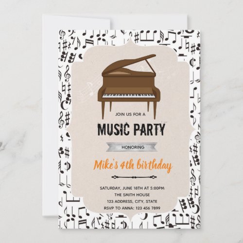 Music piano birthday party theme invitation