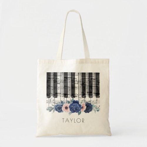 music piano blue and pink flowers tote bag