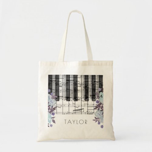 music piano blue floral name tote bag