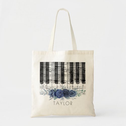 music piano blue roses tote bag