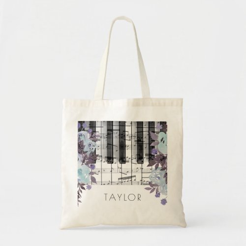 music piano blue watercolor flowers tote bag