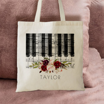 Music Piano Burgundy Floral Name Tote Bag by musickitten at Zazzle