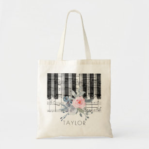 music piano dusty blue and pink flowers tote bag