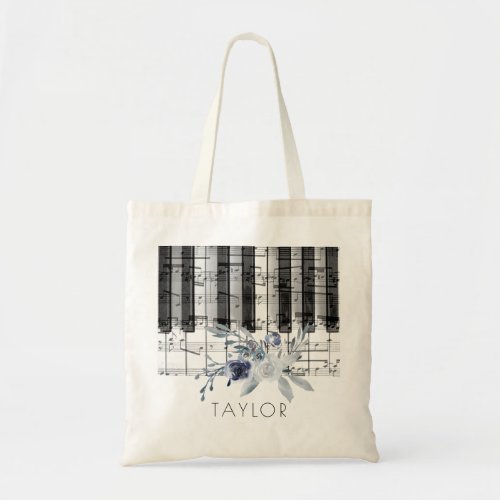 music piano dusty blue floral name tote bag