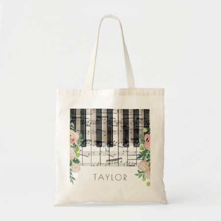 Music Piano Floral Name Tote Bag