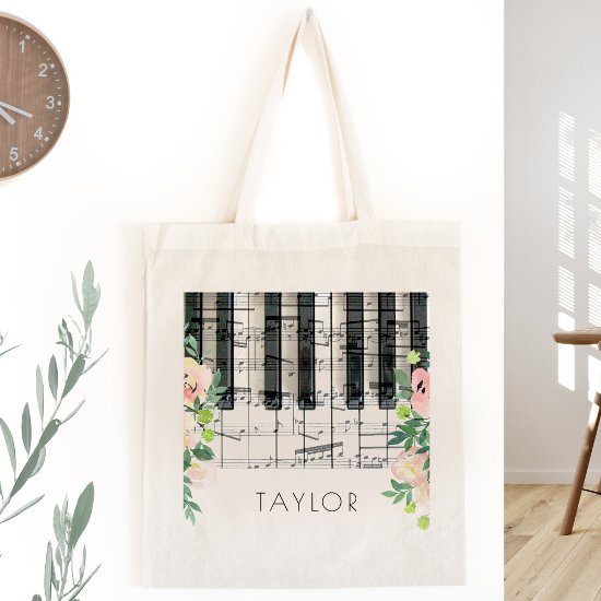 music piano floral name tote bag