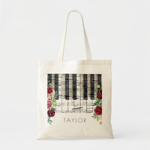 music piano floral name tote bag