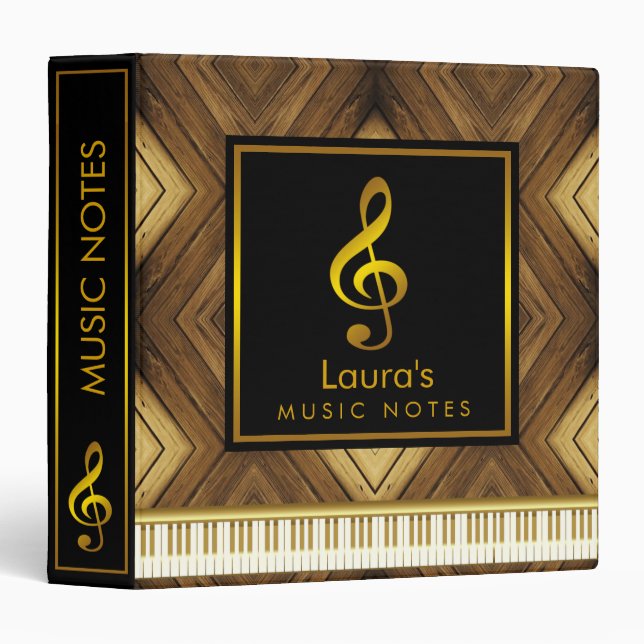 Music Piano Keyboard Notes Wooden Black Gold 3 Ring Binder (Front/Spine)