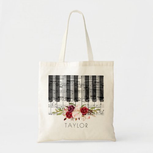 music piano marsala floral name tote bag