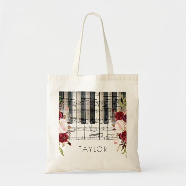 music piano marsala flowers name tote bag (Front)