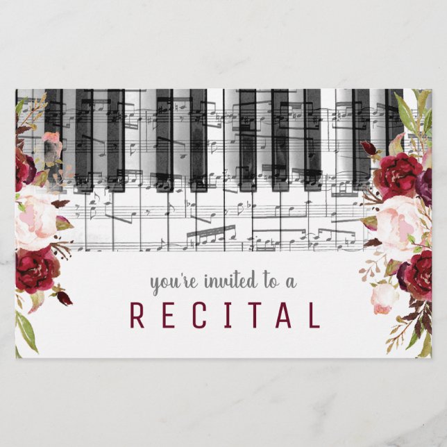 music piano marsala watercolor flowers design flyer (Front)