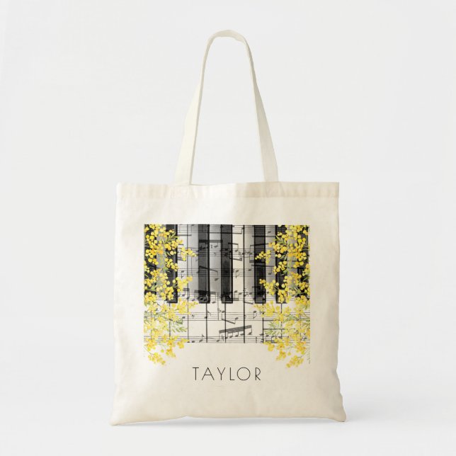 music piano mimosa flowers name tote bag (Front)