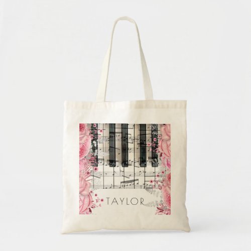music piano pink flowers name tote bag