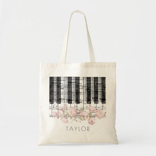 music piano pink peonies name tote bag