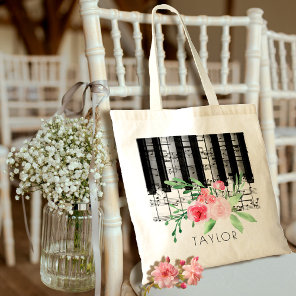 music piano pink watercolor flowers tote bag