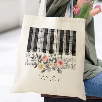 Music Piano Roses On Grey Foliage Tote Bag by musickitten at Zazzle