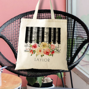 music piano watercolor flowers tote bag