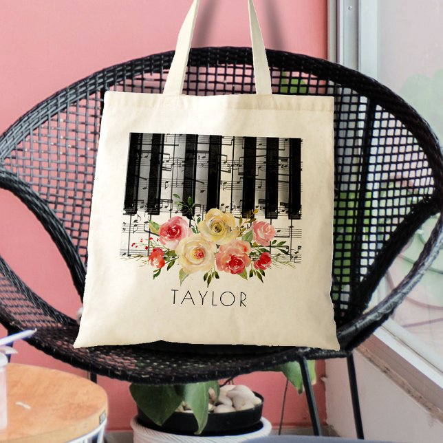 music piano watercolor flowers tote bag (Creator Uploaded)