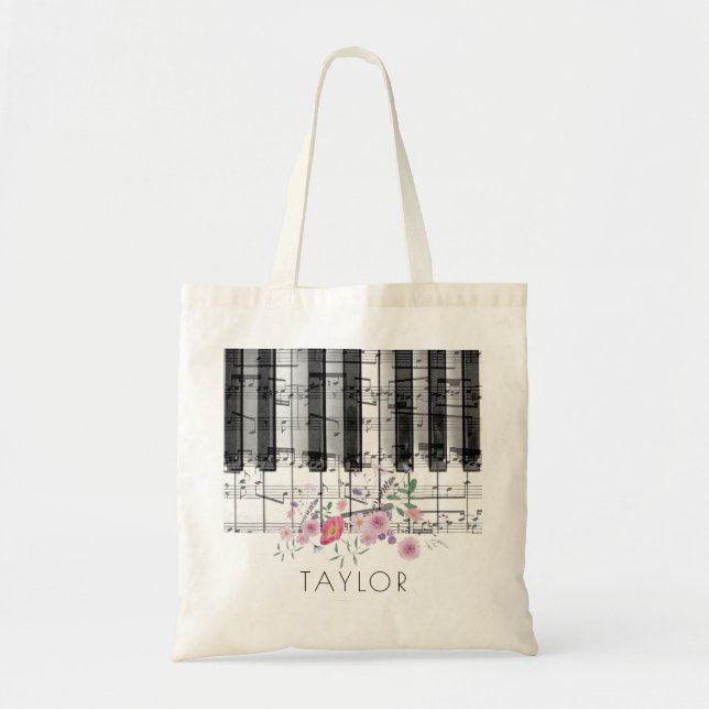 music piano wildflowers floral name tote bag (Front)