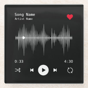 Music Player Artist and Song Personalized Black Glass Coaster