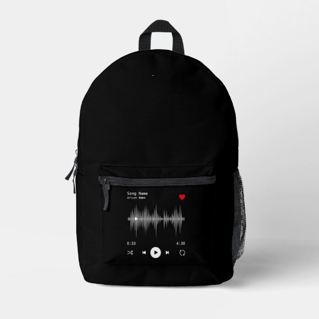 Music Player Artist and Song Personalized Black Printed Backpack (Front)