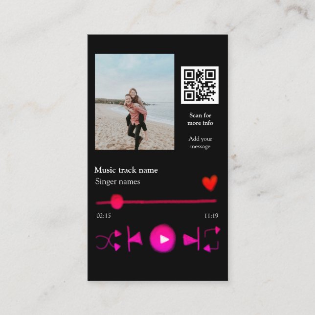 Music player personalized couple love q r code tex business card (Front)