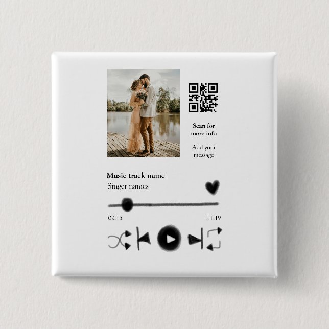 Music player personalized couple love q r code tex button (Front)