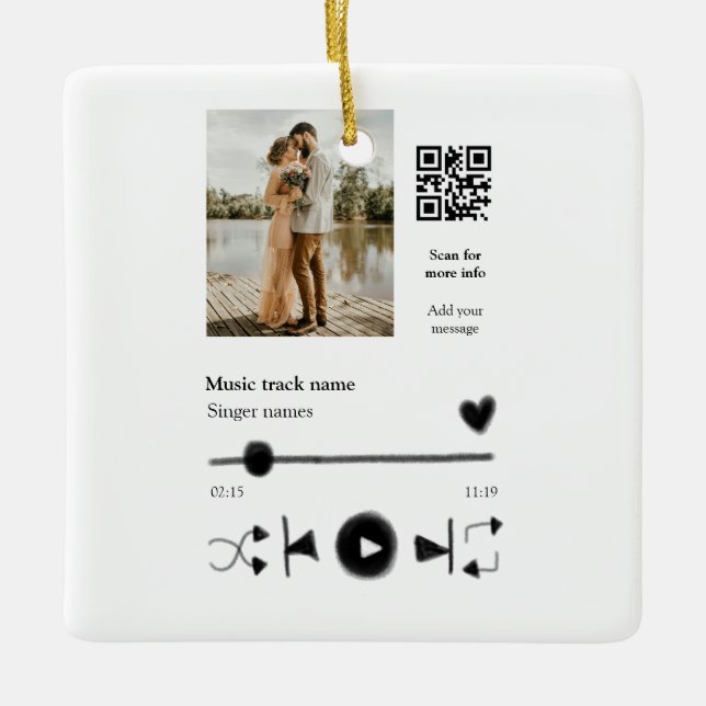 Music player personalized couple love q r code tex ceramic ornament (Front)