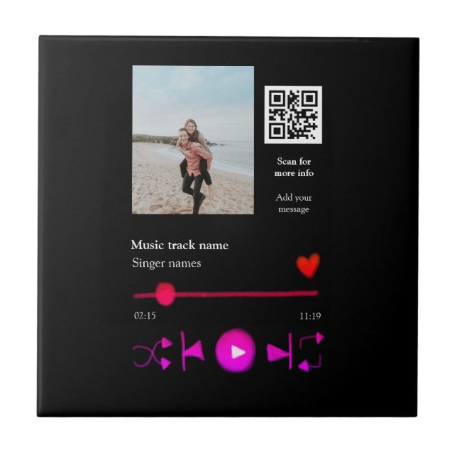 Music player personalized couple love q r code tex ceramic tile (Front)