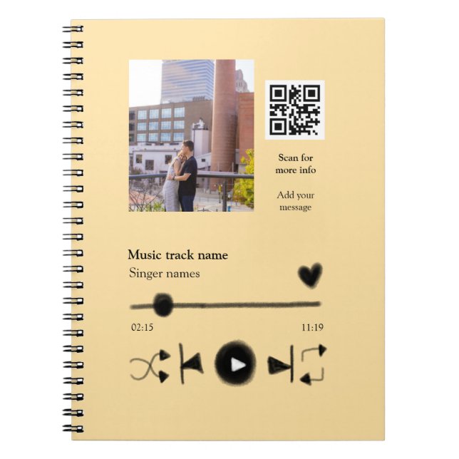 Music player personalized couple love q r code tex notebook (Front)