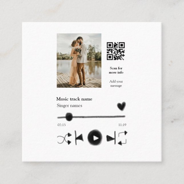 Music player personalized couple love q r code tex square business card (Front)