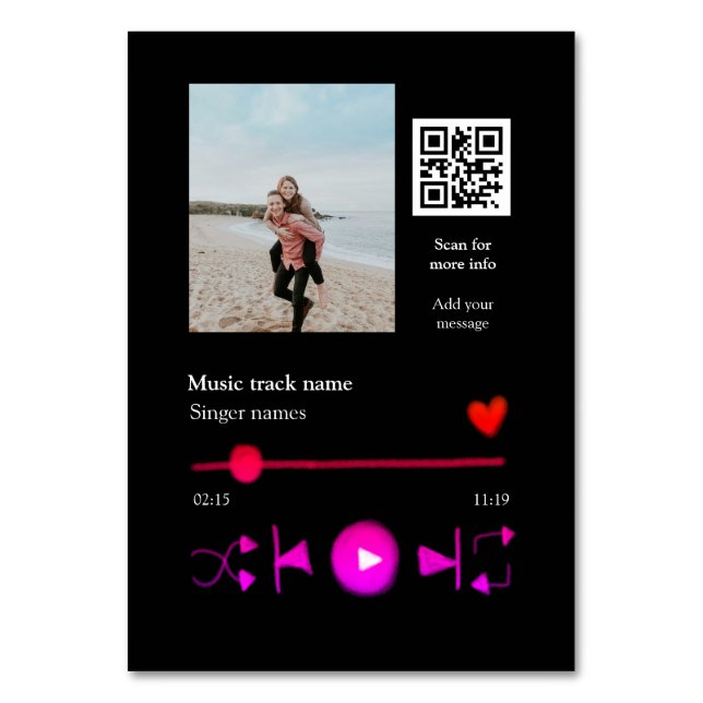 Music player personalized couple love q r code tex table number (Front)
