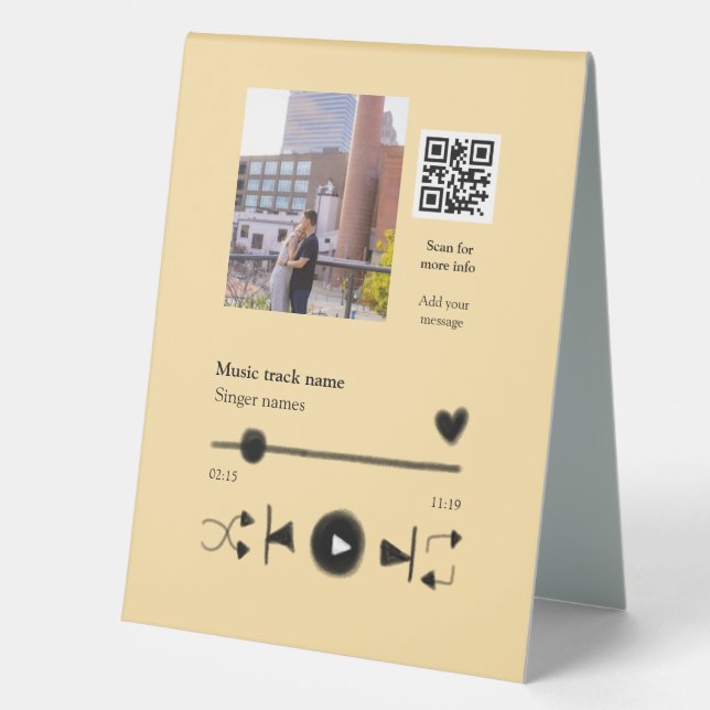 Music player personalized couple love q r code tex table tent (Front)