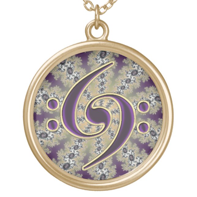 Music Purple Bass Clef on Gold Fractal Necklace (Front)