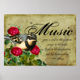 Music Quote, Thrush Bird and Roses, Vintage Violin Poster