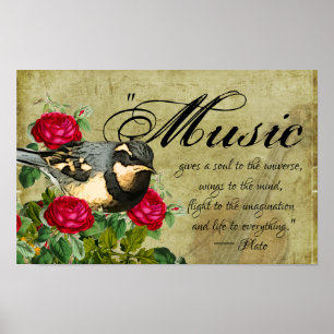 Music Quote, Thrush Bird and Roses, Vintage Violin Poster