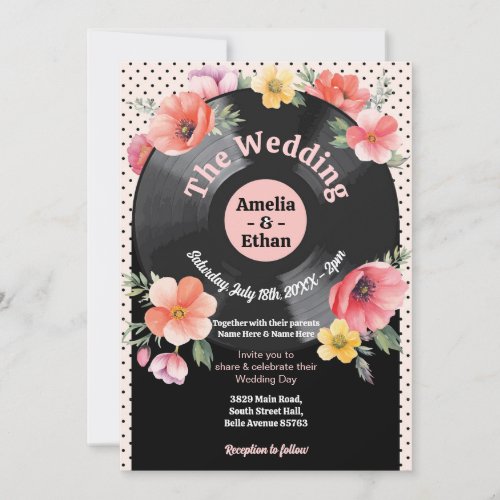 Music Record Wedding Floral 1950s Flowers Invitation